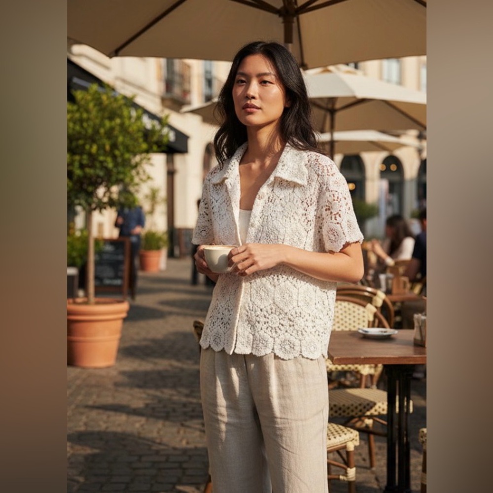 ZARA Lace Open Weave Crochet Button Front Short Sleeve Shirt